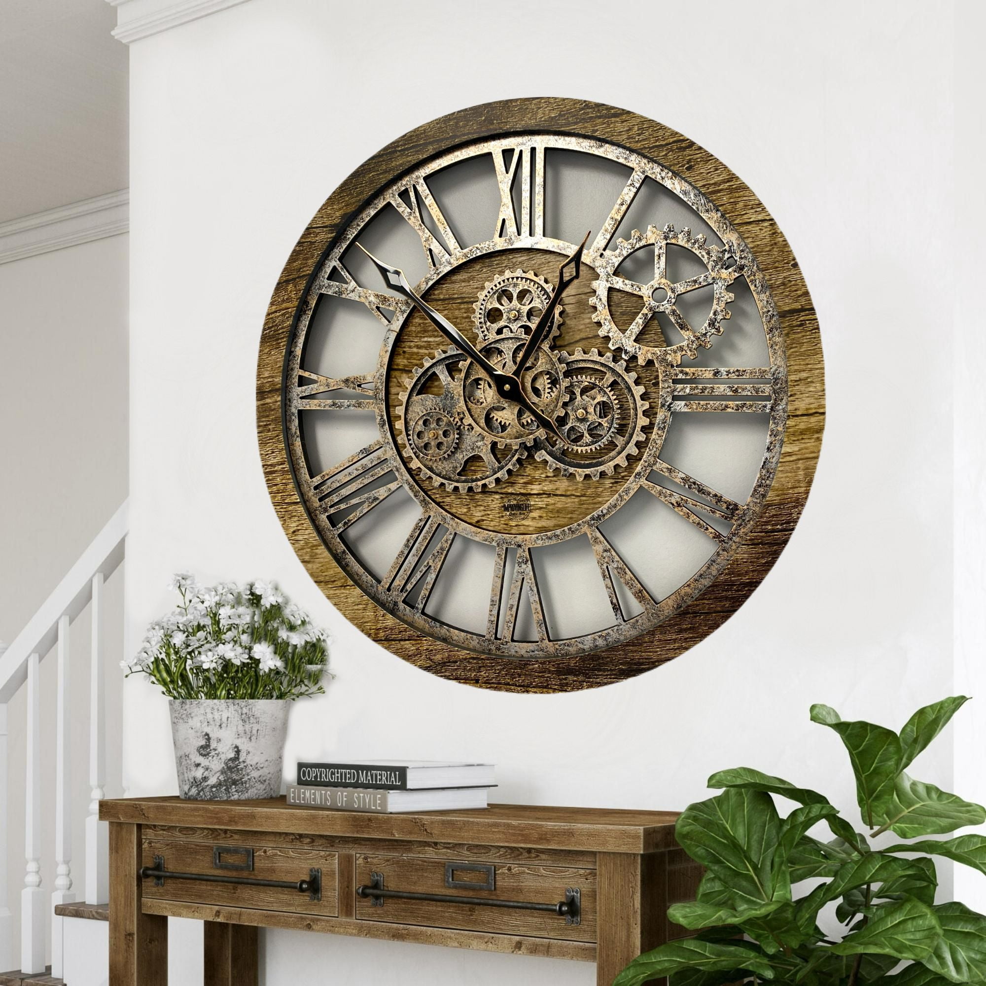 THE GEARS CLOCK Wall Clock with Real Moving Gears AM-LI_ 24 in Round Gold-Antique