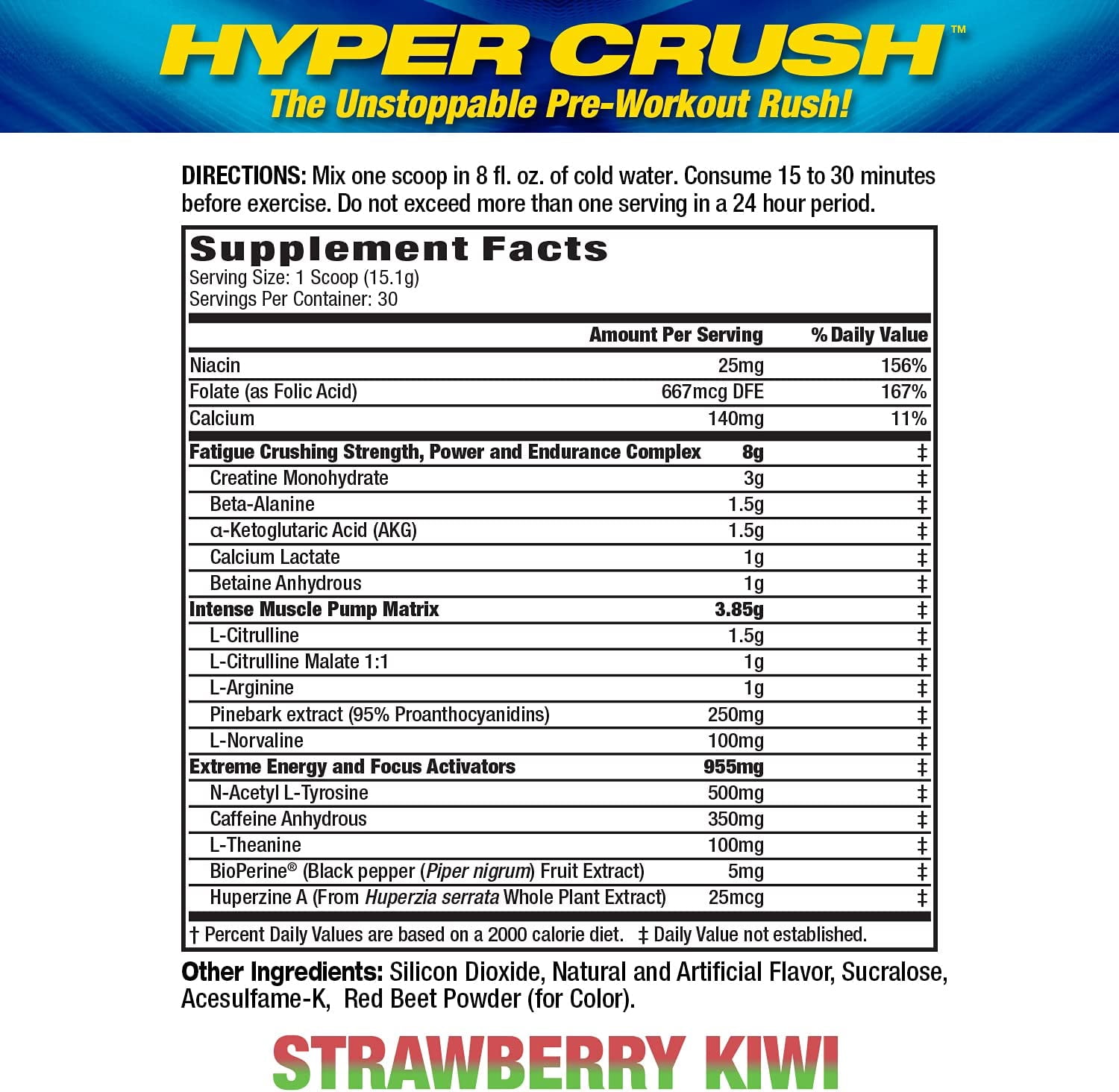 MHP Hyper Crush Pre-Workout Powder – Energy, Pumps & Fatigue Support – 3 g Creatine, Citrulline, 350 mg Caffeine – Strawberry Kiwi, 30 Servings