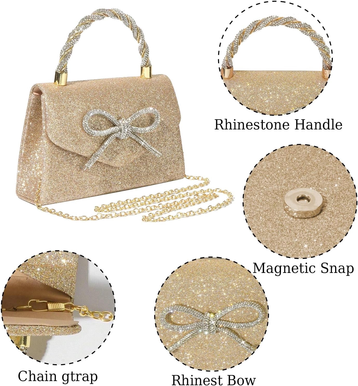Women Evening Bag Sparkly Bow Clutch Purses Wedding Glitter Rhinestone Clutch Bags Dressy Handbags for Party, Prom