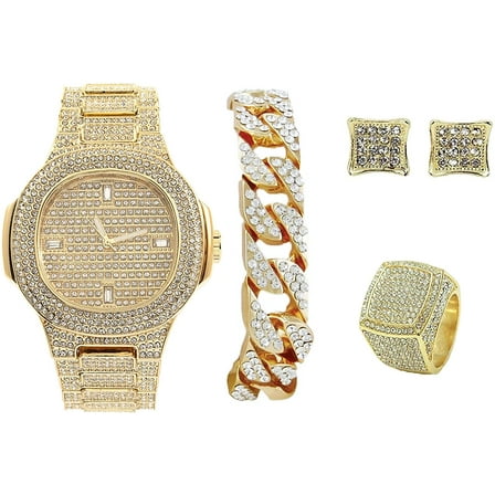 Charles Raymond Blinged Out It's Lit! Hip Hop Wristwatch & Jewerly Set w/Cuban Chain Bracelet, Kite Iced Out Earrings & Ring - GJM13, 8967, Gold, Ring Size-8