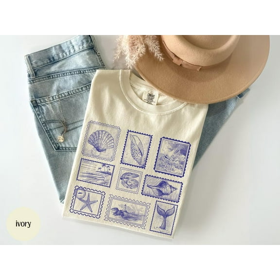 Ocean Life Stamp Shirt, Beach T-Shirt, Vintage Sea Stamps, Coastal Aesthetic Tee, Oversized Ocean Lover SeaShell T-Shirt