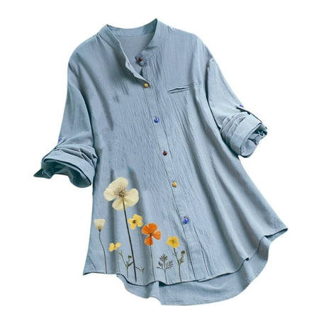 

Ichuanyi Womens Fall Tops Clearance Women Vintage Casual Flower Print Colorful Button Long Sleeve Shirt Top Blouse