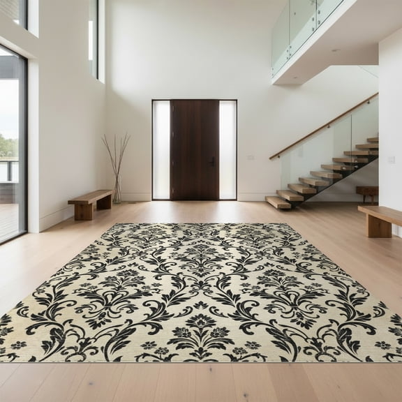 Design&I 8'x10' Washable Area Rug Cream Ornate Beige Motifs Subtle Weathered Finish Rectangular for Living Room, Family Extra Large Skid-Resistant Low Profile