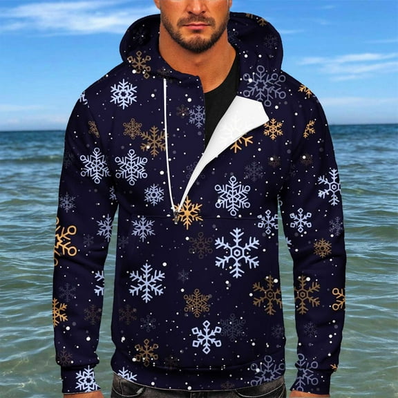 Mens Christmas Print Sports Fitness Pullover Hooded Half-Zip Sweatshirt