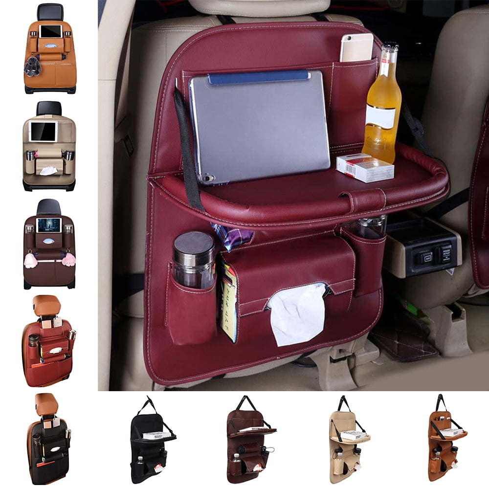 Foldable Tidy Tray Holder Brown PU Leather Car Seat Back Organiser Storage Bag 
