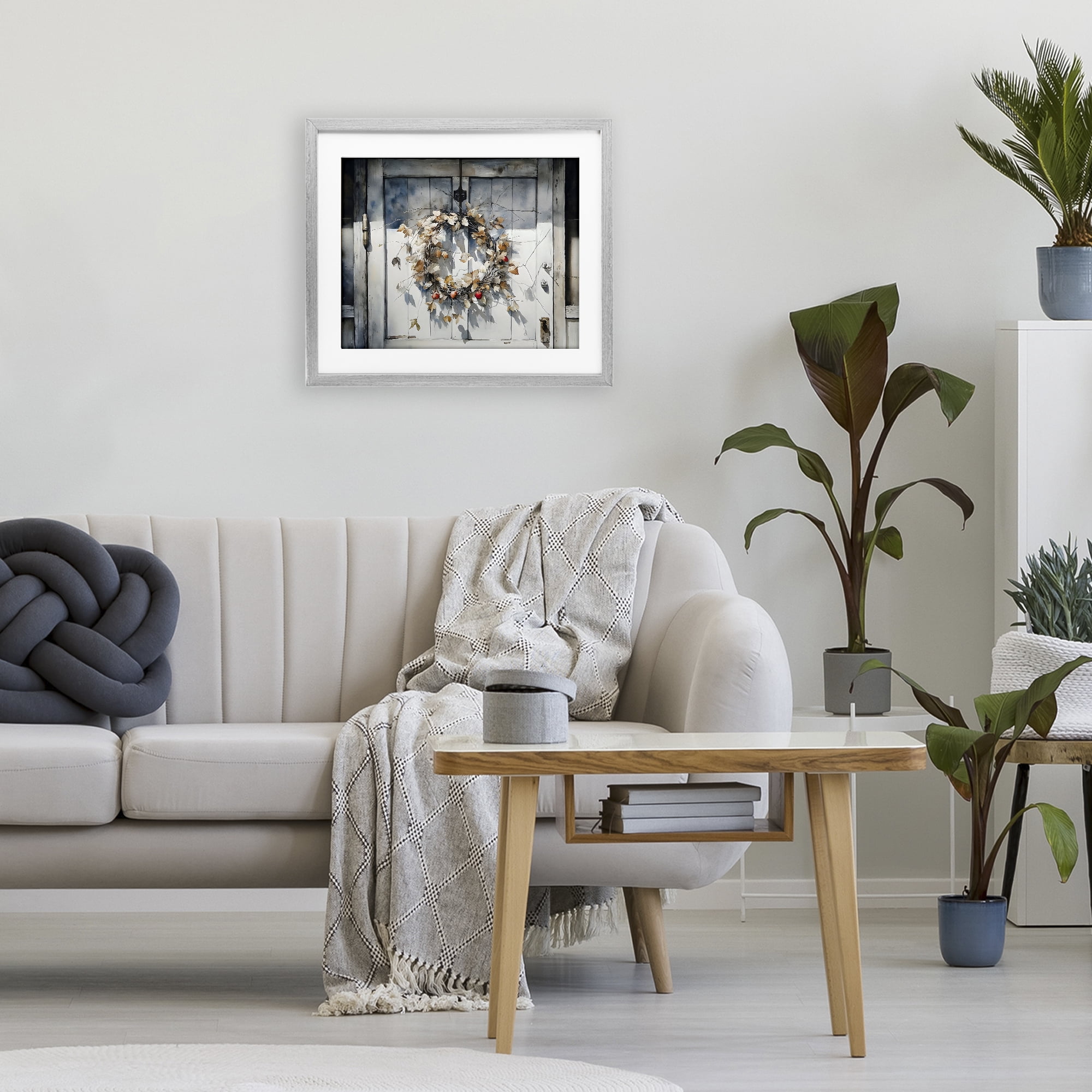 Stupell Industries Rustic Wreath on White Door Gray Framed Print Under Glass, design by Franklyn Gregory