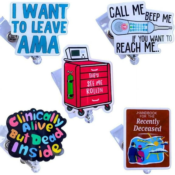 5 PC Funny Cute Nurse Badge Reel Holder Clips for Nurse Nursing Nurses Doctor Future Student ICU ER AMA They See Me Rolling Call Button Handbook Medical Assistant Essentials Gifts