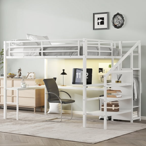 Queen Size Loft Bed with L-shaped Desk and USB, Metal Loft Bed with Wardrobe and Adjustable Shelf, High Loft Bed with LED for Teens Adults, White