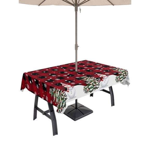 Outdoor Tablecloth with Umbrella Hole and Zipper, Red Plaid Christmas Rectangle Table Cloth 54x80 Inch Waterproof Tablecloth, Snowflake Snowman Xmas Tree Rustic Checkered Picnic Table Cover for Patio