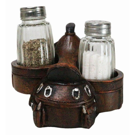 Country Western Faux Leather Cowboy Horse Saddle Salt Pepper Shakers Holder