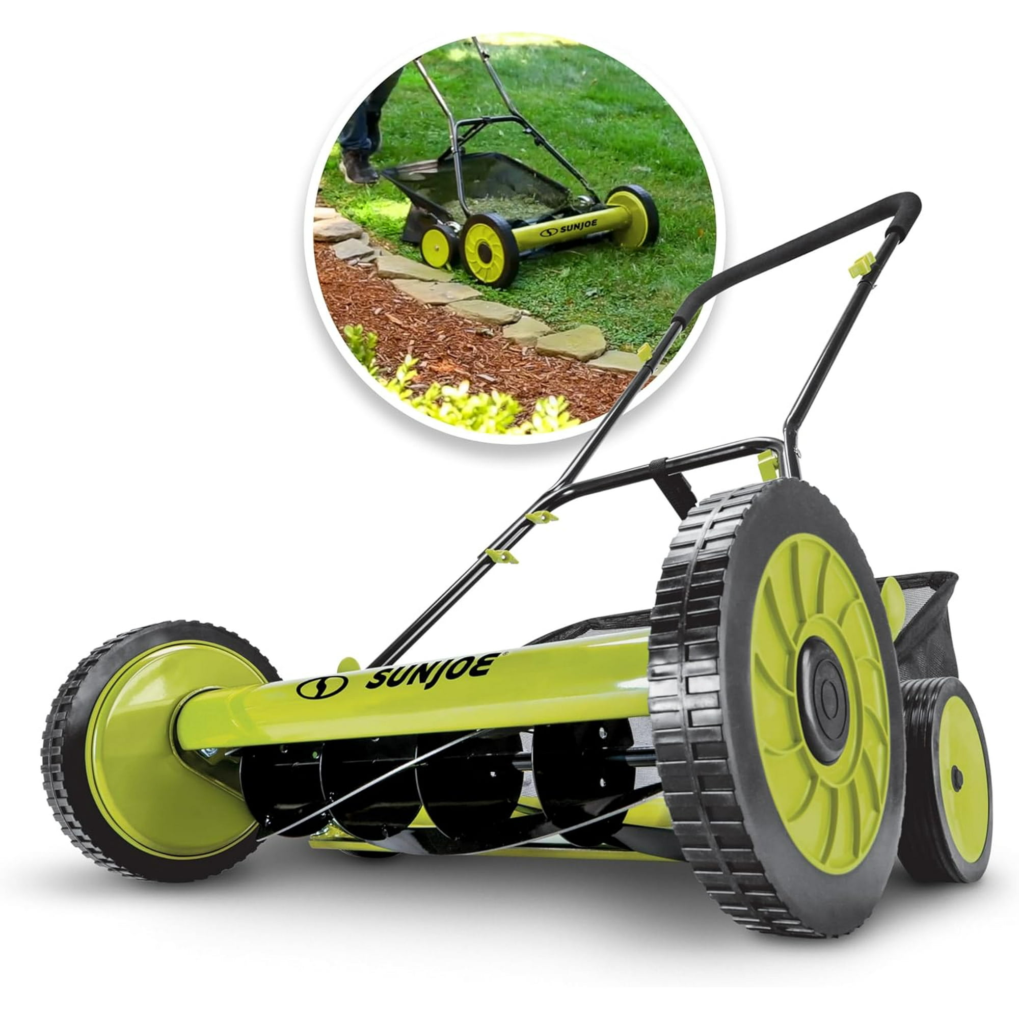 Sun Joe Fba Reel Mower W 8.5 Gallon 9 Position Height Adjustment Foam Grip Compact Design Green 20 Inch Manual W Grass Catcher