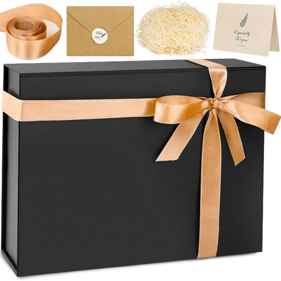 Large Gift Box, 13"x10"x4" Black Gift Boxes for Presents, Christmas Gift Boxes with Magnetic Lids, Birthday Box, Contains Card, Ribbon, Shredded Paper Filler for Wedding, Valentine's Day, Anniversary