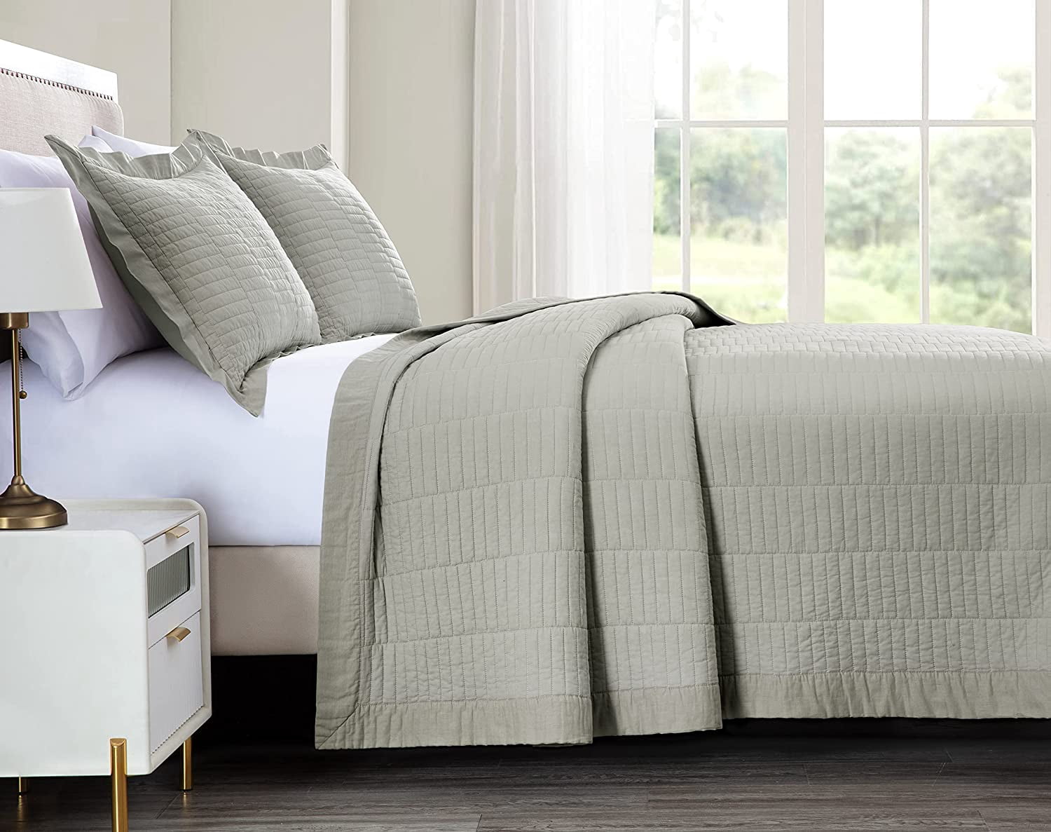 Chezmoi Collection Yuma 3-Piece 100% Cotton Quilt Set Queen Size, Natural, Modern Geometric Rectangle Stitched Quilt Washed Cotton Bedspread Set for All Season
