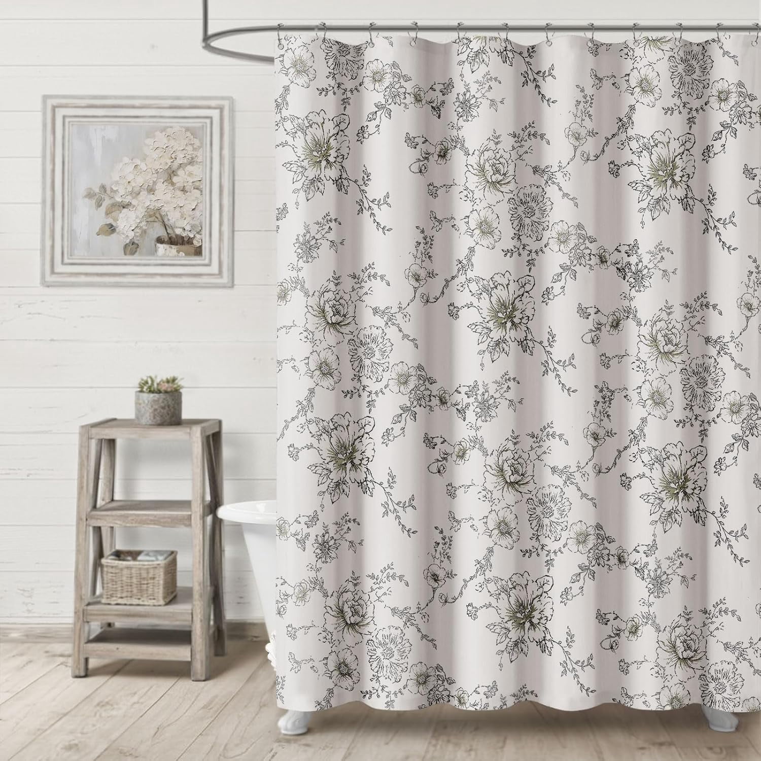 Farmhouse Floral Linen Shower Curtain, Vintage Black and White Pattern Rustic Shower Curtains for Bathroom,72x72
