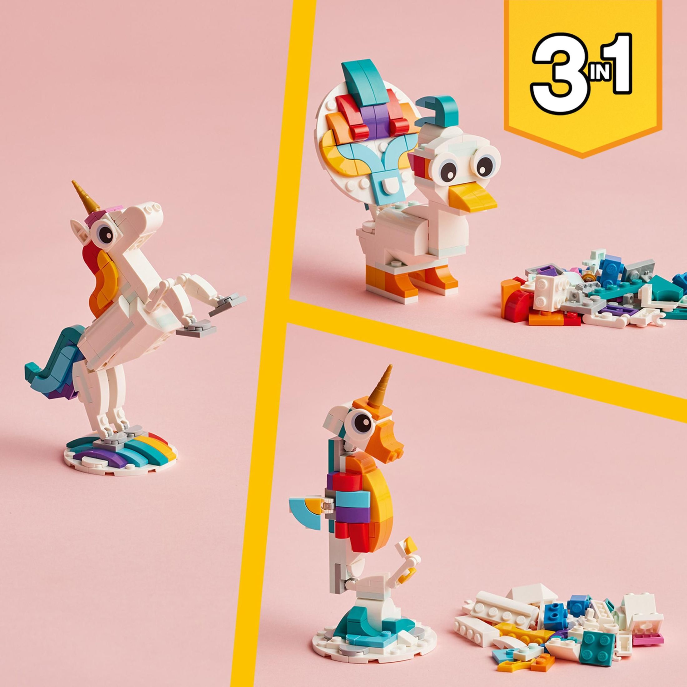 LEGO Creator 3 en 1 Unicornio Mágico - Set de Juguete de Construcción con 3 Opciones de Construcción, Unicornio, Caballito de Mar o Pavo Real - Juguete de Aprendizaje para Niños, Niñas y Niños, Mayores de 7 Años - Relleno de Canasta de Pascua - 31140 6