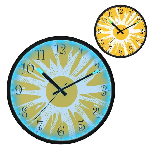 Voice Activated Clock with Glow Light 12 Inch Large Silent Wall Clock Battery Operated for Home Decor Yellow Sun Rays