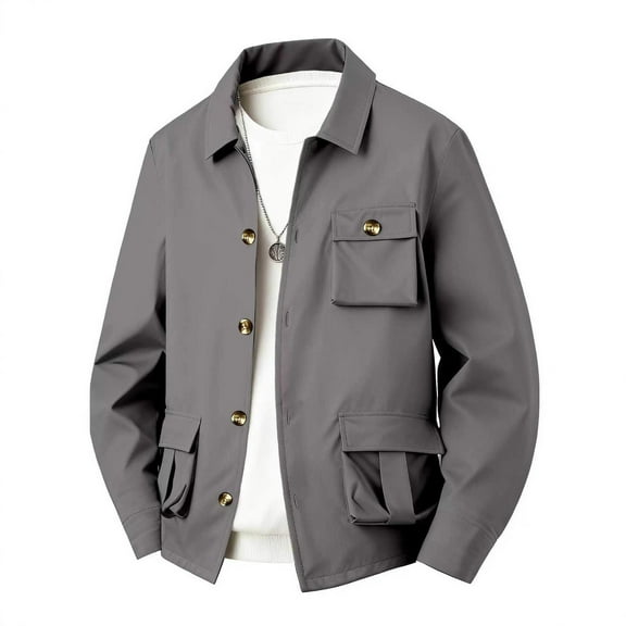LNWUY Men's Casual Shirt Jacket Long Sleeve Button Down Overshirt Turndown Collar Zipper Pockets Top Lightweight Shacket Gray XXL