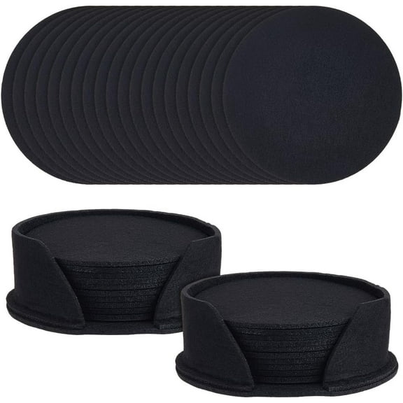 20Pcs Felt Coasters with Holder Absorbent Cup Mat Flat Round Black Placemats Blanks Coasters Bulk Anti Slip Heat-Resistant Mat Pad Coasters DIY for Drinks Bar Home Housewarming Gift 4Inch