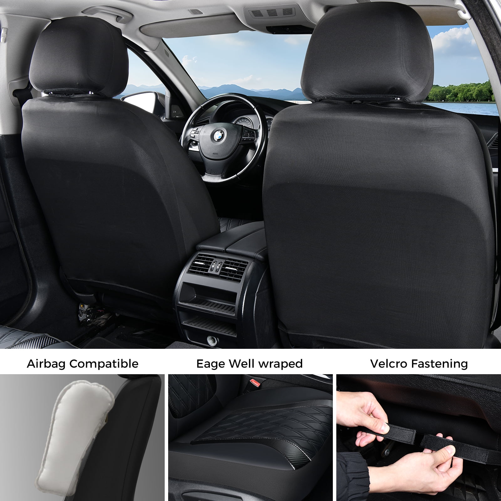 Coverado Car Seat Covers, Faux Leather with Carbon Fiber Front Car Seat Protectors, 4 Pieces Universal Fit for Most Cars SUV Trucks, Black