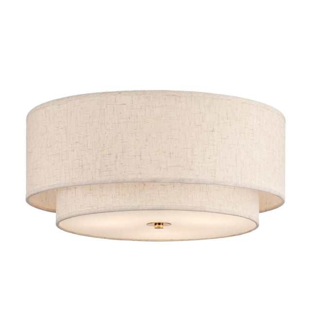 ShellHome16 Double Drum Gold 3-Light Semi Flush Mount Ceiling Light with a classic fabric linen shade design. The round fixture features a layered drum silhouette in soft beige, suitable for living rooms, bedrooms, kitchens, dining rooms, hallways, and entryways. Offers adjustable LED lighting with a color temperature range of 2800-7000K, energy-saving technology, and compatibility with modern, retro, or industrial decor styles.