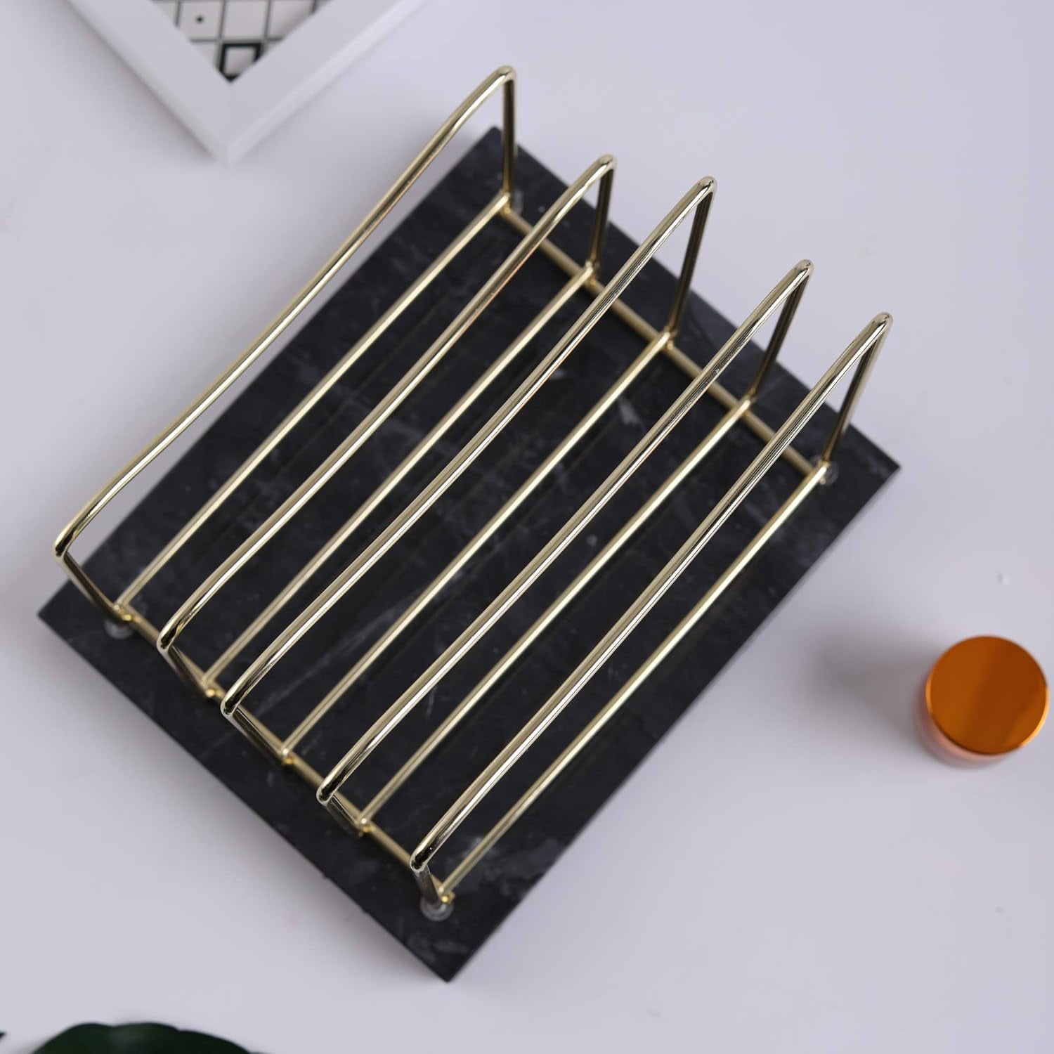 Real Marble File Holder - Marble Desk Accessories - Modern Marble Mail Organizer - Gold Mail Holder & Letter Tray (Black + Gold)