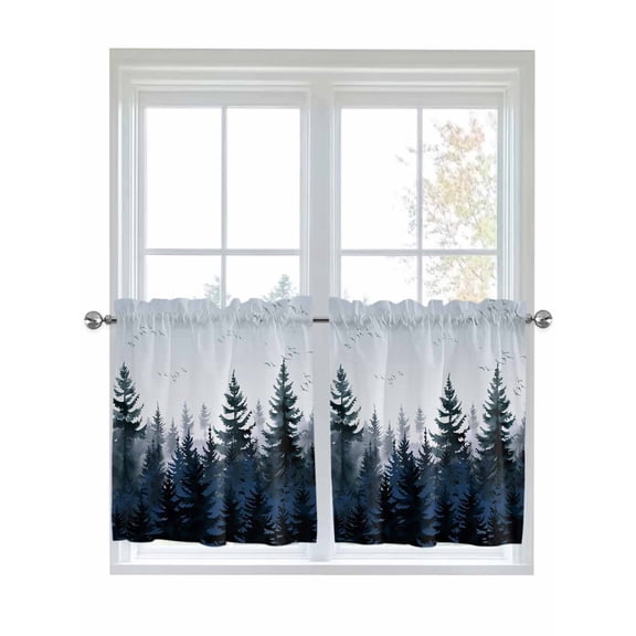 Half Window Curtain 36 Inches Long, Forest Window Treatment Curtain Drapes, Dark Blue Fall Bird Vintage Farmhouse Tree Small Tier Curtains for Bathroom Over Sink, 27.5"x36", 2 Panels