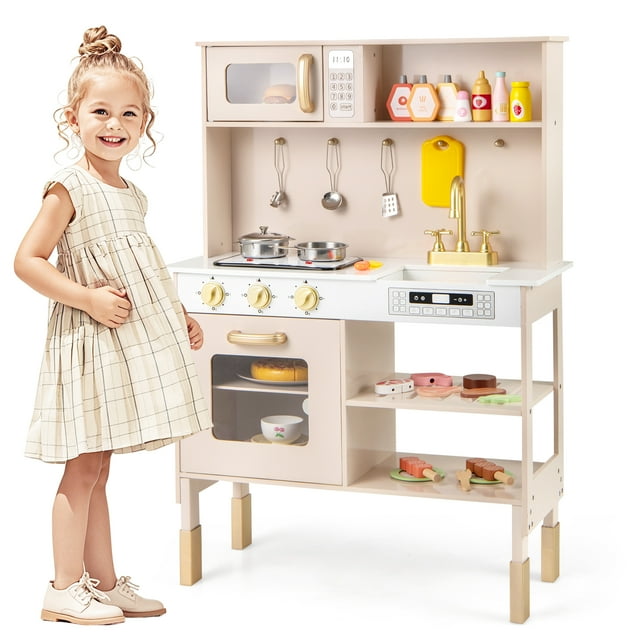 Gymax Height Adjustable Play Kitchen Wooden Kitchen Playset w/ Real Lights & Sounds