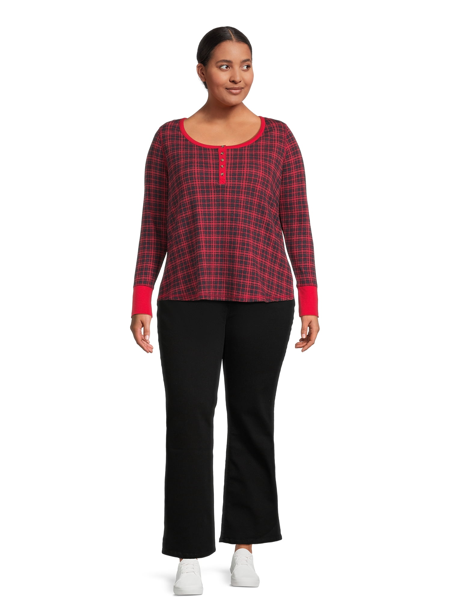 Terry & Sky Women’s Plus Size Henley Waffle Tee with Long Sleeves, 2- Pack