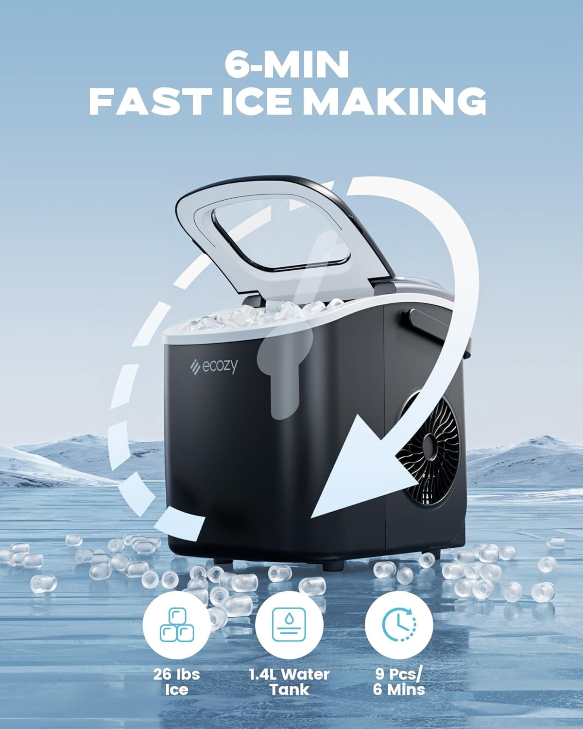 Countertop Ice Maker , Portable -Cleaning with Carry Handle, 26lbs/Day, 9 Bullets in 6 Mins, Black