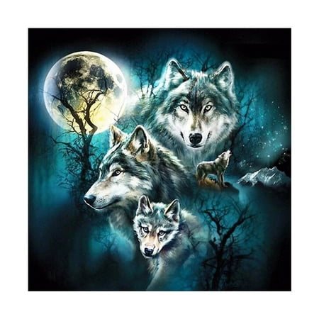 Waxing Moon Cross Stitch - Fancyleo 5D Diamond Painting Full Square Drill 4 Wolf and Moon Wall Arts 3D DIY Diamond Embroidery with Rhinestones Cross Stitch Kit Crafts Décor