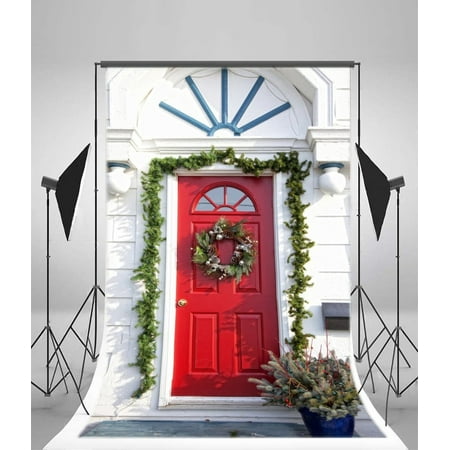 HelloDecor Polyster 5x7ft Christmas Photography Background White Door Stone Wall Decoration Green Wreath Front Door Plants Scene Photo Background Children Baby Adults Portraits