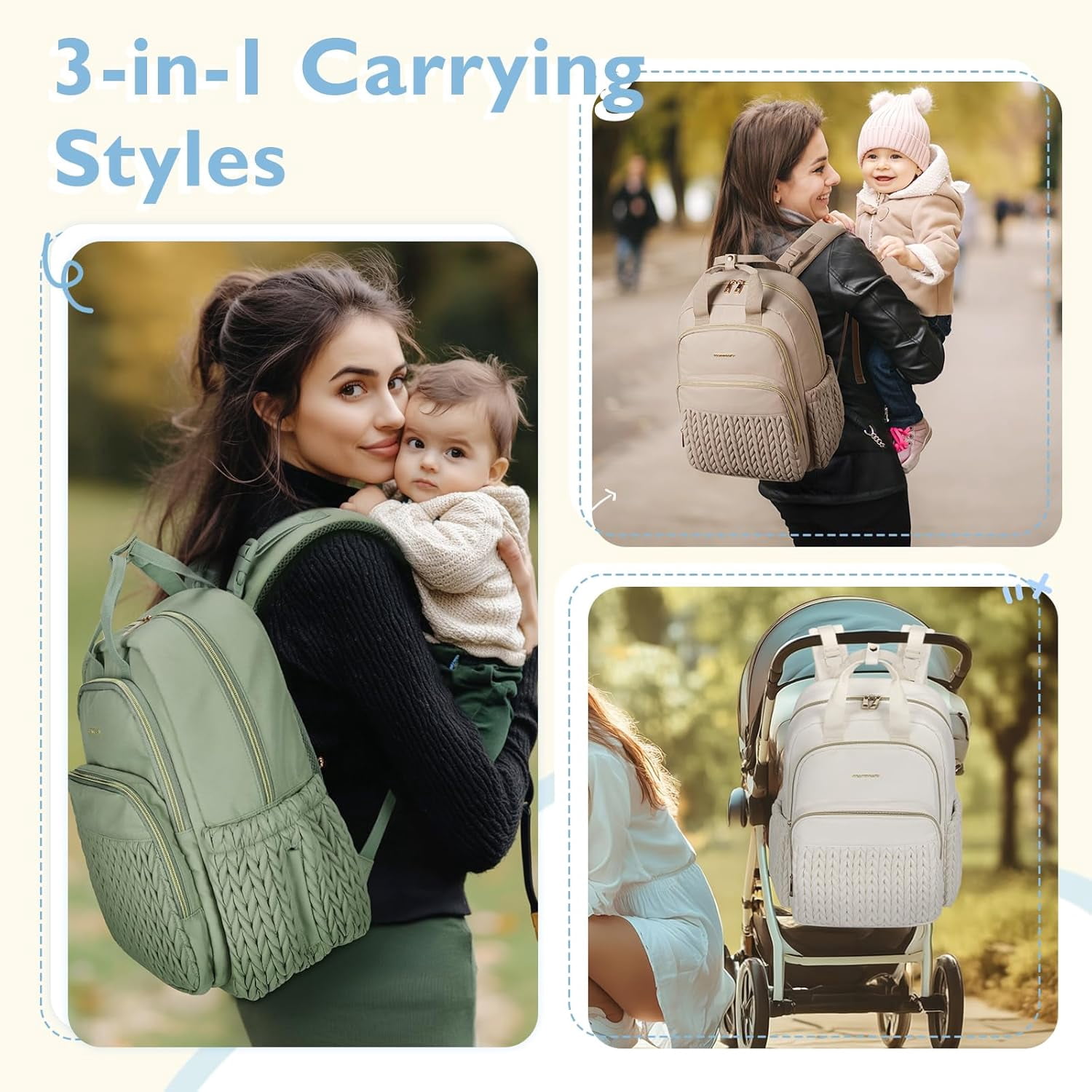 Diaper Bag Backpack Large Baby Bag for Boys Girls Quilted Travel Diaper Backpack with Changing Pad, Stroller Straps