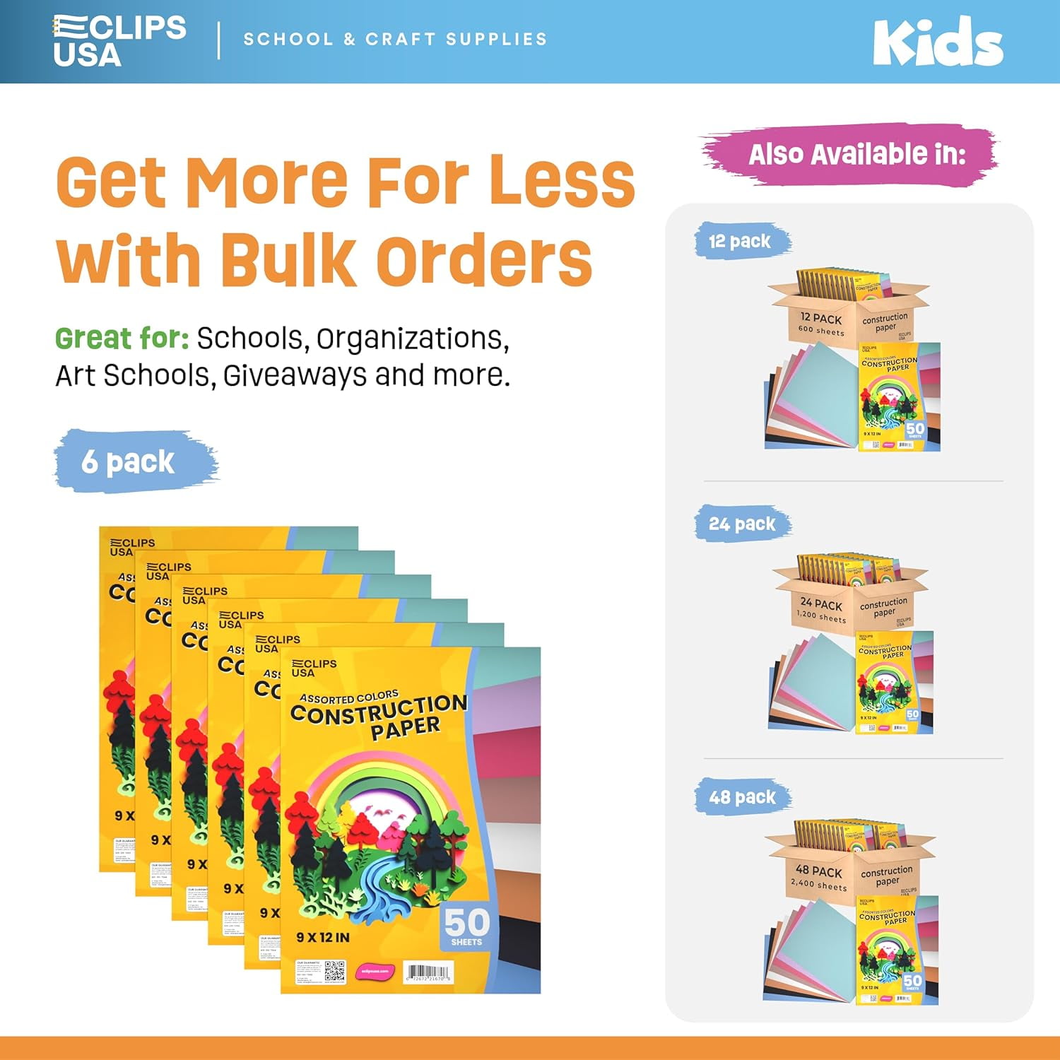 E-Clips USA 72-Sheet Construction Paper Book, Assorted Color Art Paper, 9” x 12”, 6-Pack