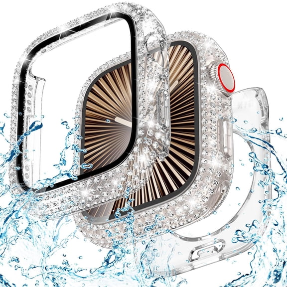2 in 1 Waterproof Bling Case Compatible for Apple Watch Series 9/8/7 45mm Screen Protector, Lace Edge Diamond Protective Bumper Face Cover for iWatch Accessories Women 45mm, Clear