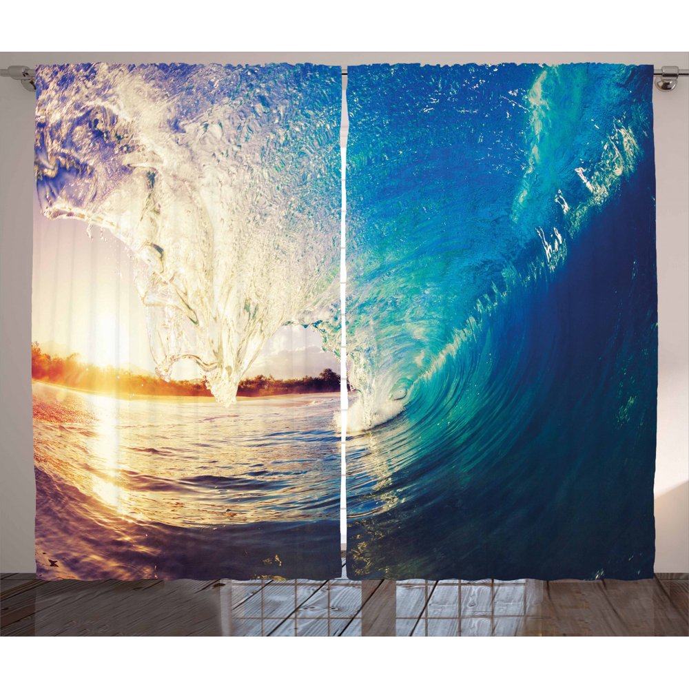 Ocean Curtains 2 Panels Set, Sunrise on Waves Surfer Perspective