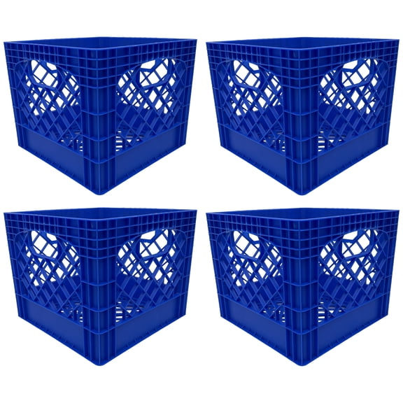 Open Box MIRAMAR Milk Crate, Stackable Plastic Storage Bin with Handles, 16 Qt, Blue, 4 Pack