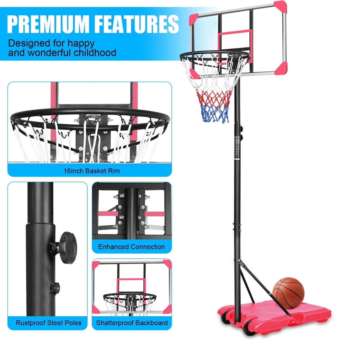Portable Basketball Hoop with Heavy-Duty Steel Base & Wheels, Adjustable 5.6-7Ft Rim, 28" Shatterproof Backboard for Teens & Adults - Indoor/Outdoor Use, Pink