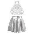 thumbnail image 2 of TiaoBug Kids Girls 2 Piece Hip Hop Latin Jazz Dance Outfit Sequin Sleeveless Crop Top with Metallic Skirt Set Silver 16, 2 of 7
