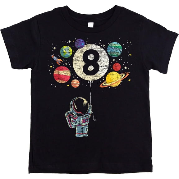 Olive Loves Apple 8th Birthday Rocket Astronaut Themed T-Shirts with Moon Balloon and Planets for Boys and Girls Black Shirt 5-6