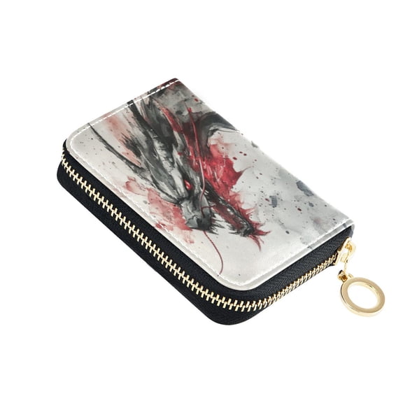 Leather Card Holder Wallet with Zipper RFID Blocking 9 Card Slots 2 Coin Pockets Compact Pocket Size Black and Red Dragon
