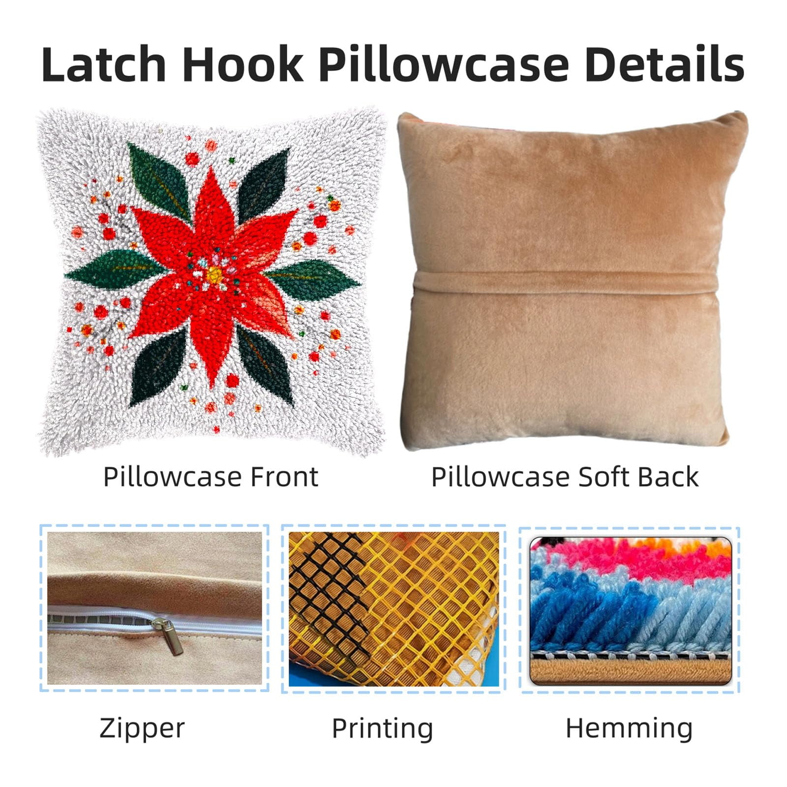 DIY Latch Hook Pillow Kits Merry Christmas Red Poppy Flower Printed Pillowcase Crochet Yarns Hooking Handmade Pillow Cover Cushion for Home Sofa Decoration 17x17inch-1