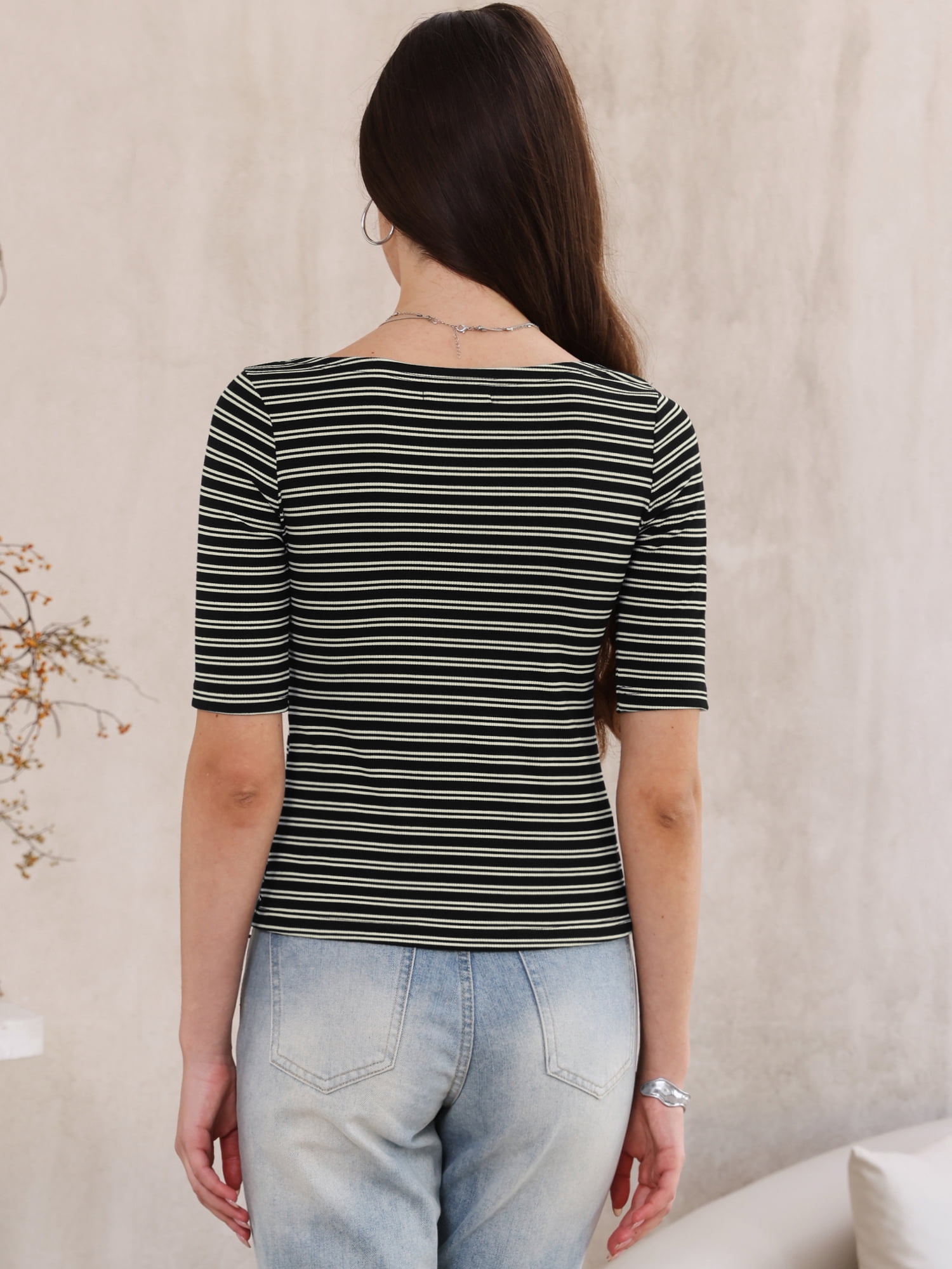 DARING DIVA Women's Striped Boat Neck Half Sleeve Tops Slim Fit rendy Outfits L Black