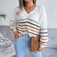 thumbnail image 3 of Prendas de punto a rayas Arco iris Casual Manga de linterna suelta Cuello en V Suéter de punto Top de mujer Blanco M, 3 of 8