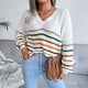 thumbnail image 3 of Prendas de punto a rayas Arco iris Casual Manga linterna suelta Cuello en V Suéter de punto Top de mujer, 3 of 8