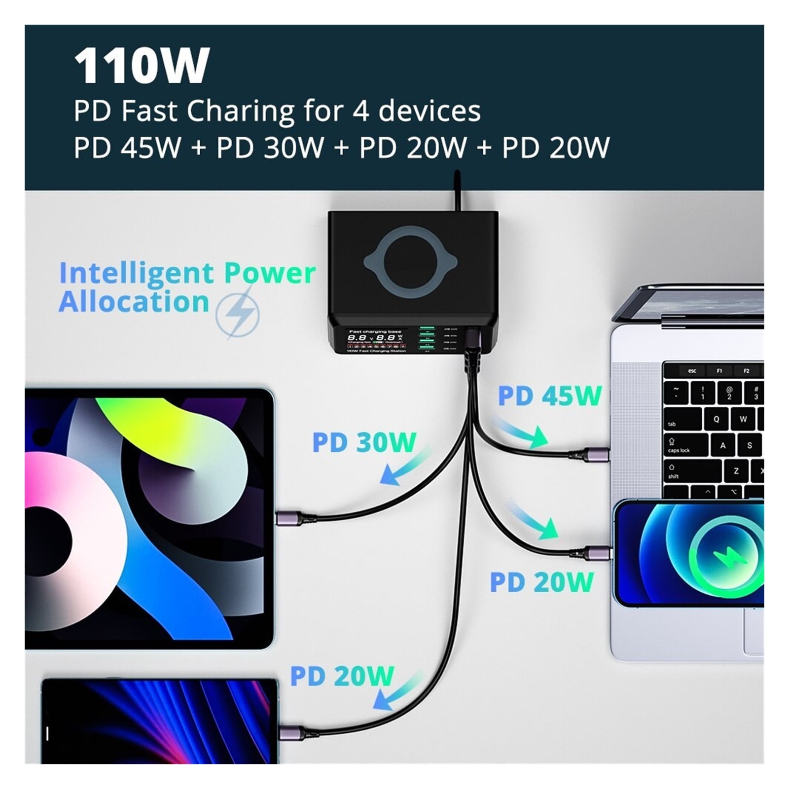W USB Type C Charger Wireless Charing Multi Ports Fast Phone Charger PD QC3.0 Quick Charge ,Portable Station