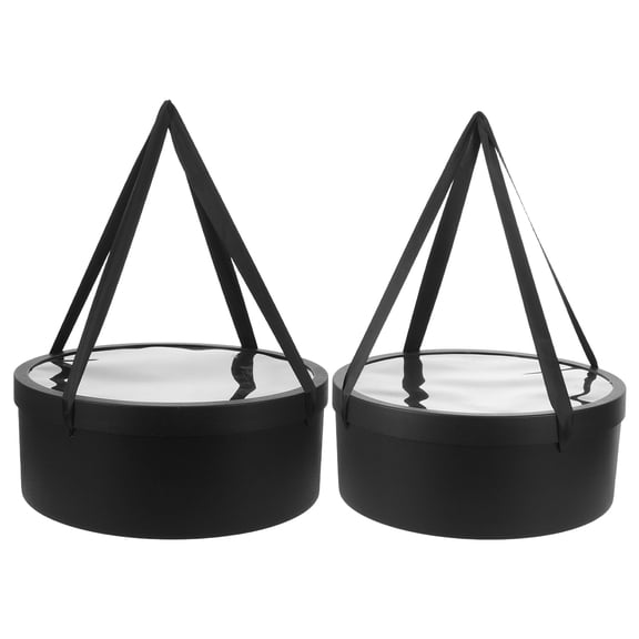 EXHUMKY 2-Pack Round Flower Boxes with Handle, Black Plastic Packaging for Birthday, Wedding, Party Celebrations