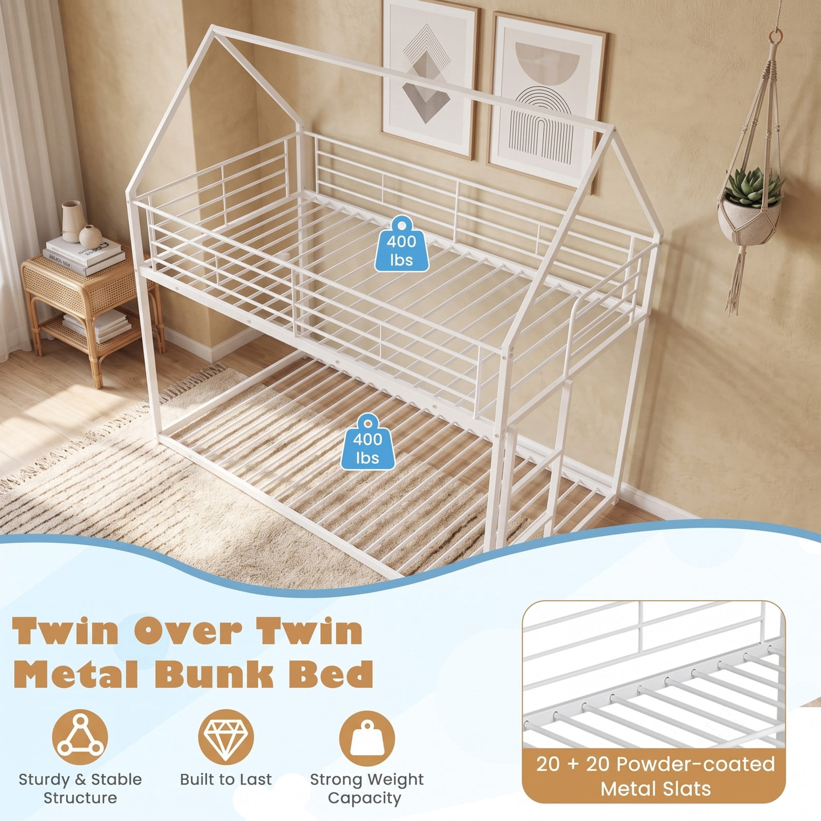 Furnibear Twin Over Twin Metal House Bunk Bed with Roof Ladder and Full-length Guardrails for Kids and Shared Rooms, White