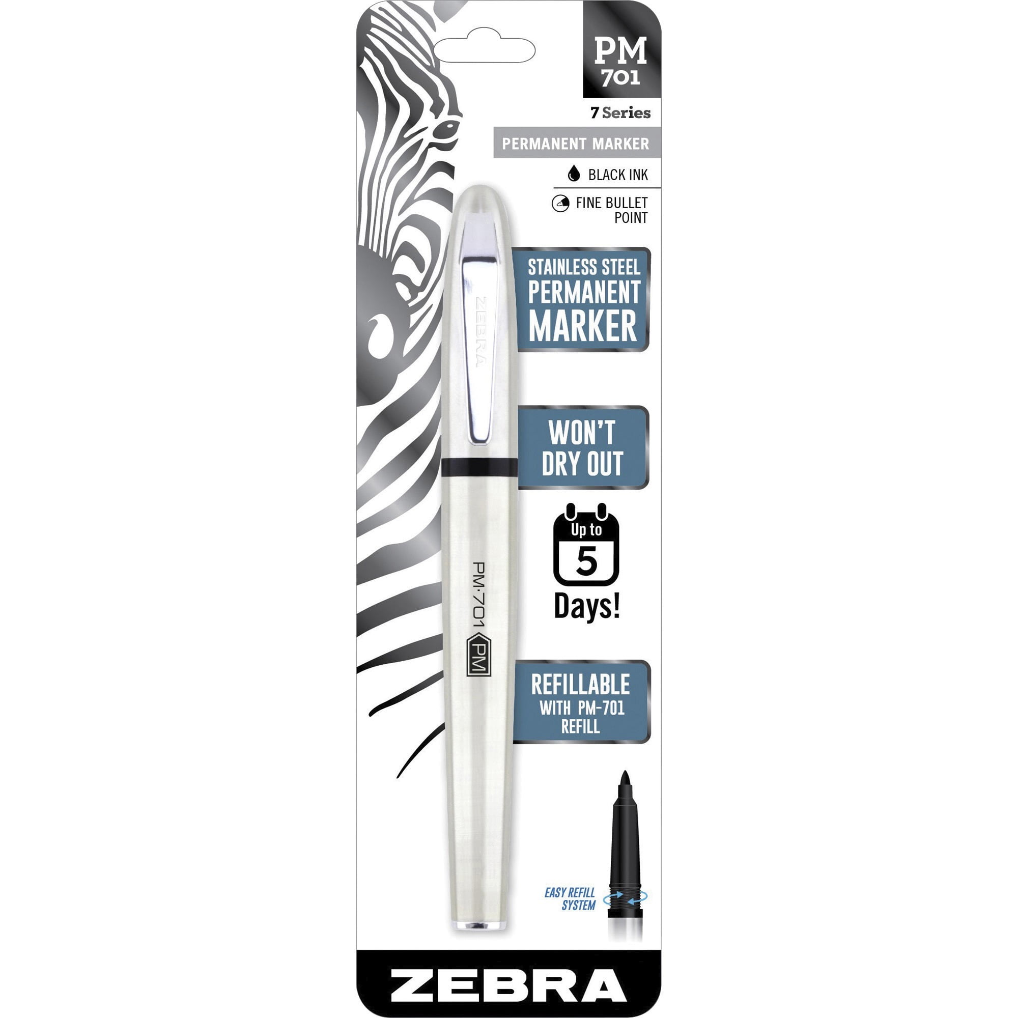 Zebra Pen PM701 Stainless Steel Permanent Marker, Fine Bullet Tip