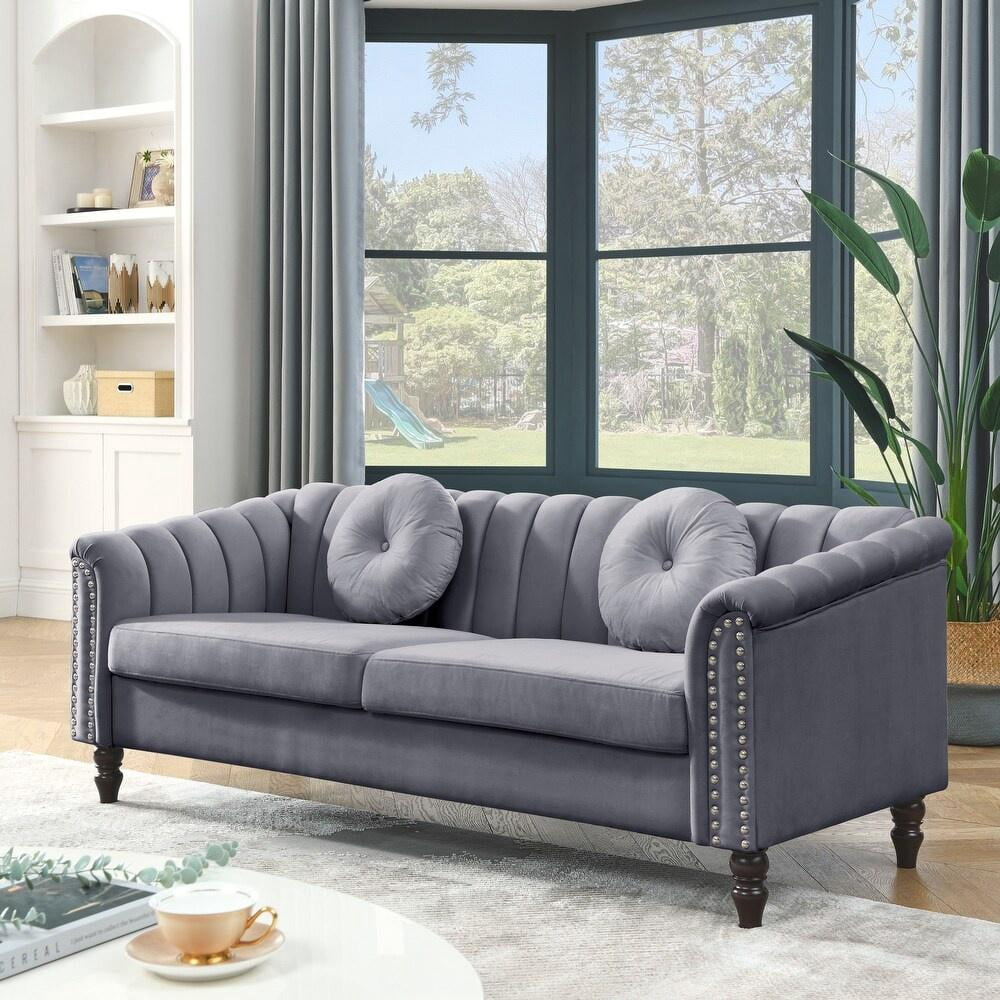 Gewnee Chesterfield Velvet Sofa Couch with Nailhead Trim and 2 Pillows for Living Room,Gray