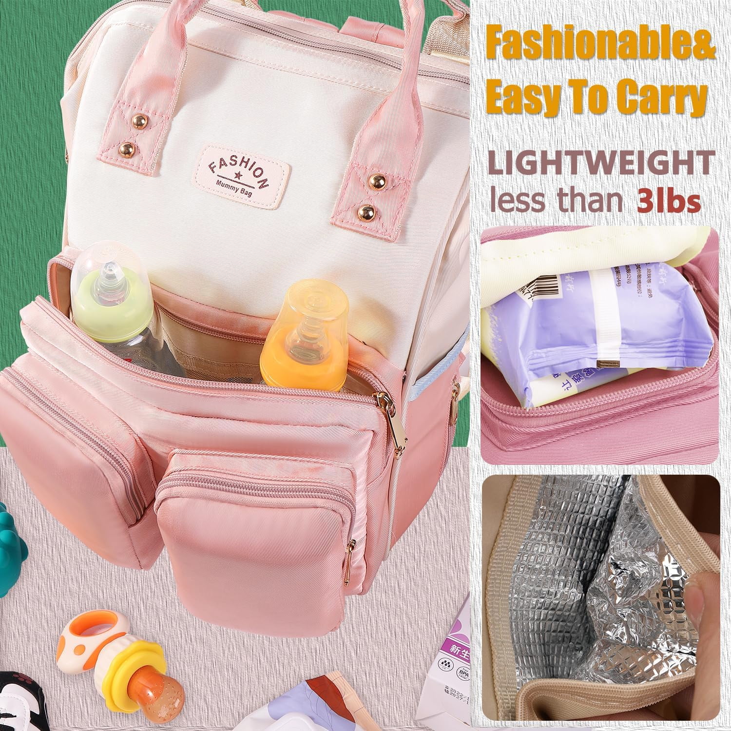 Lvelia Diaper Bag Backpacks for Women Large Capacity with Insulated Pockets, Baby Changing Bag for Girl Waterproof Baby Bags for Mama Maternity Travel Bag,Pink